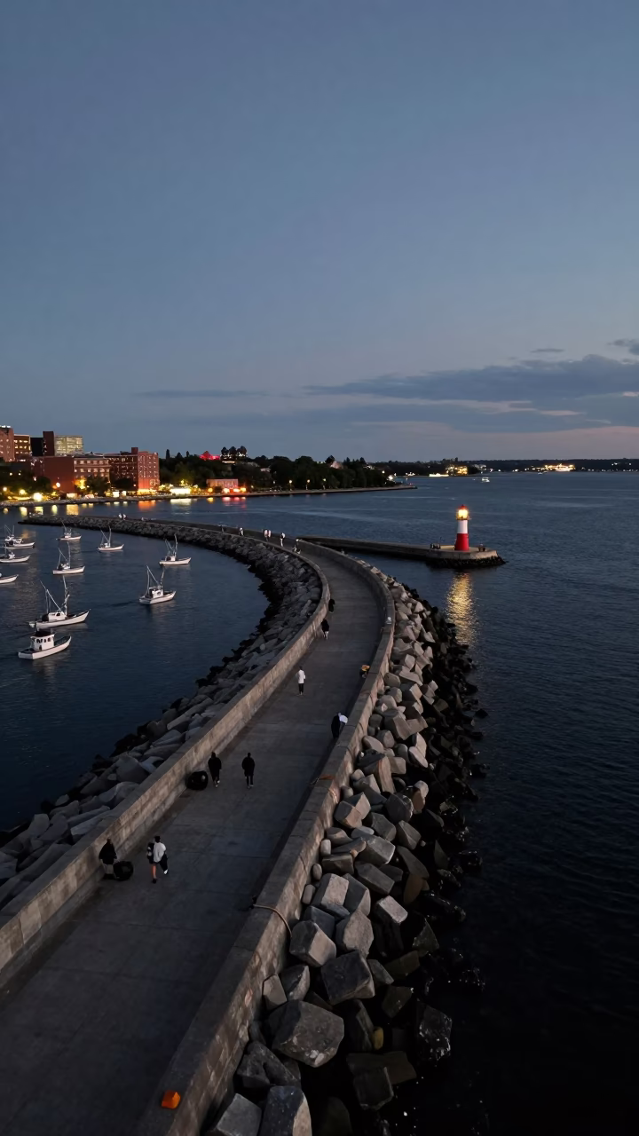 Boston Harbor Breakwater Curve and Lonely Beacon at Dusk with City Lights Glowing in in Boston, Massachusetts, United States