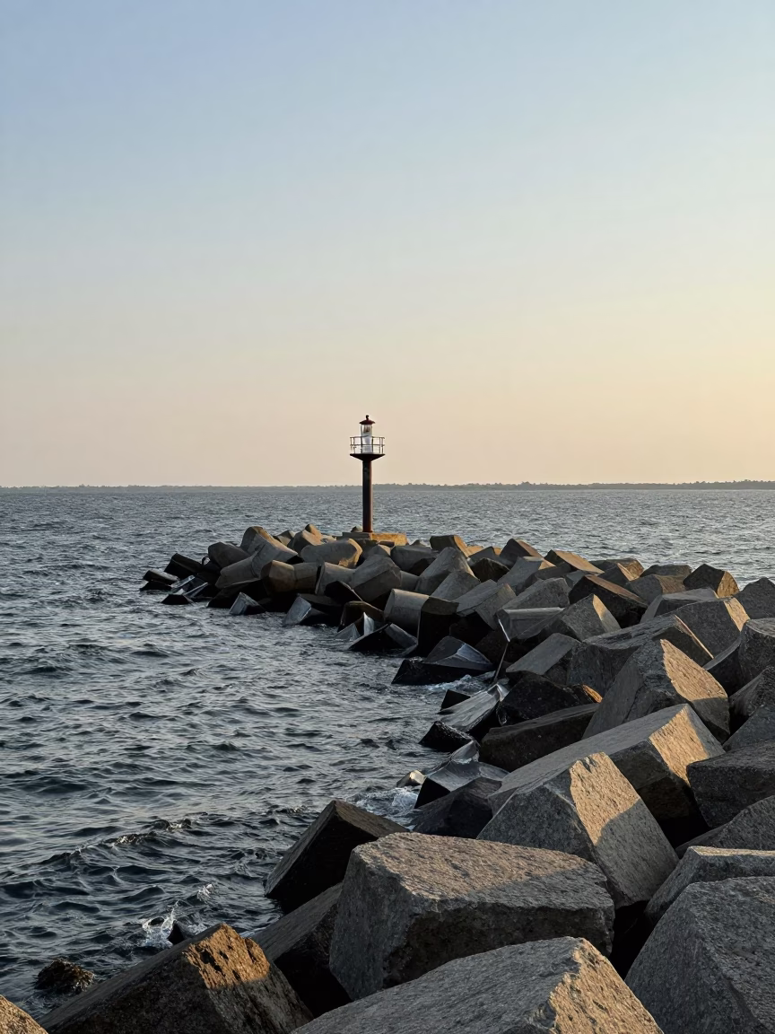 Boston Harbor Breakwater Curve and Lonely Harbor Beacon in Late Morning Light in in Boston, Massachusetts, United States