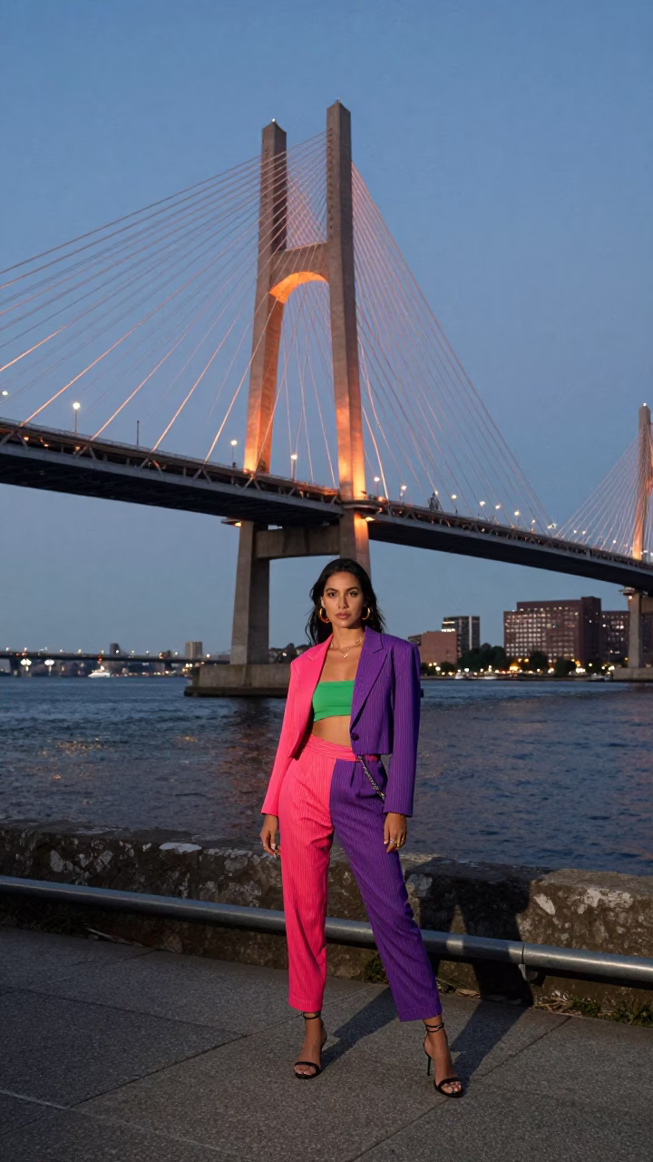 Boston Harbor Bridge Illumination Copper Dusk High Fashion Street Style in in Boston, Massachusetts, United States