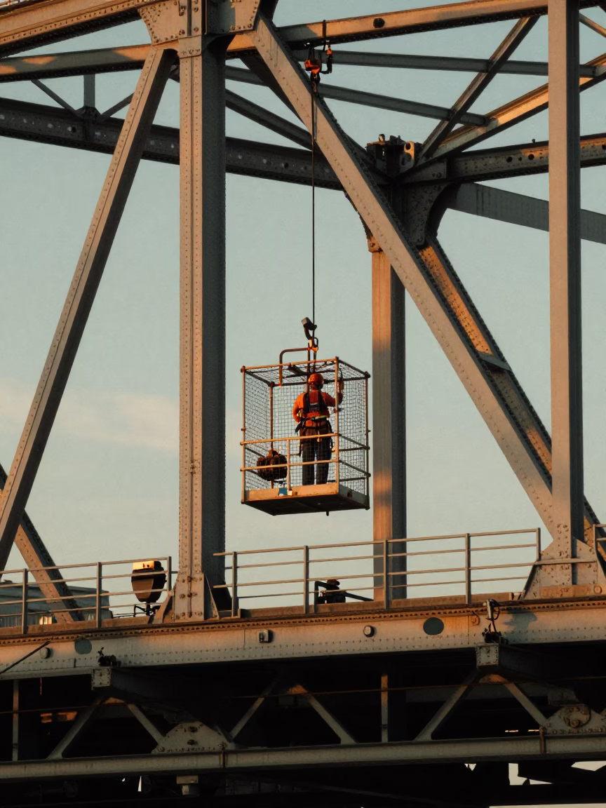 Boston Harbor Bridge Maintenance Worker in Cage During Honeyed Evening Light in in Boston, Massachusetts, United States