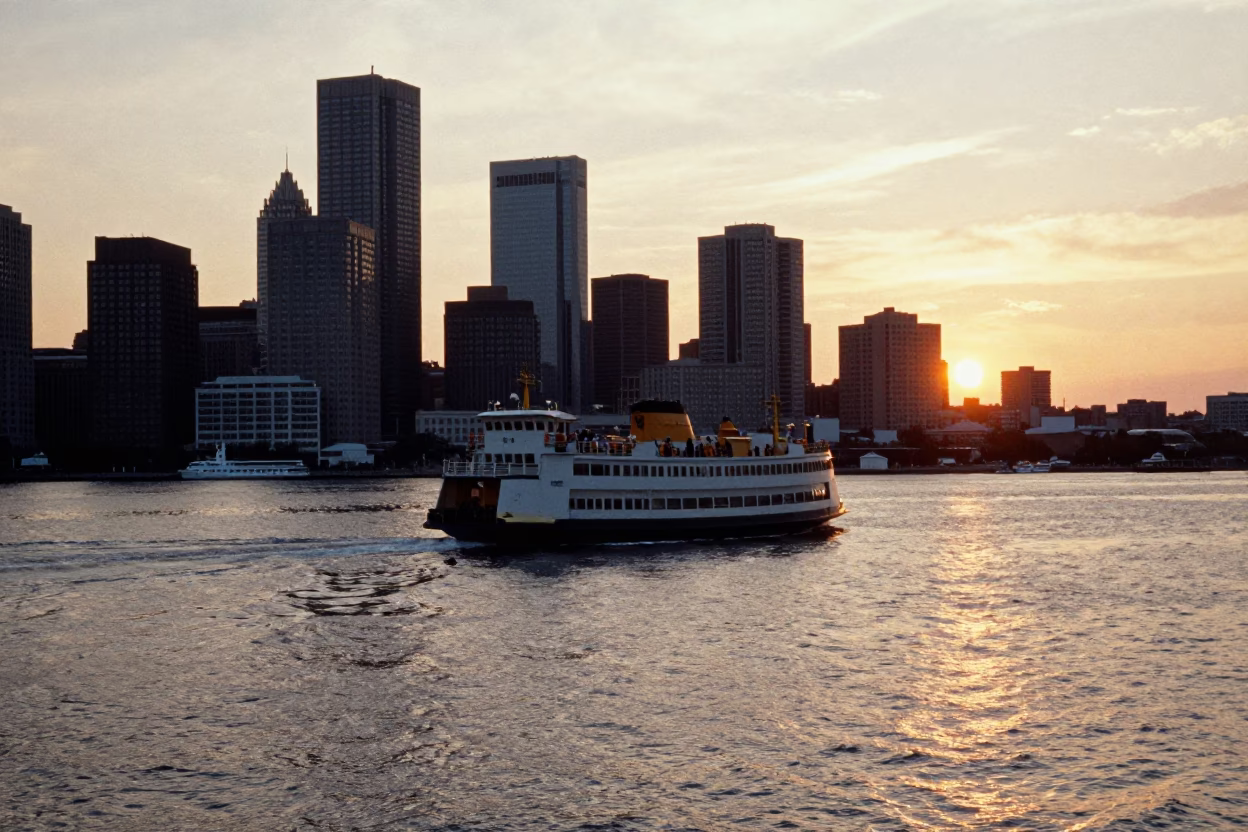 Boston Harbor Chain Ferry Sunset View with Urban Skyline and Water Reflections in in Boston, Massachusetts, United States