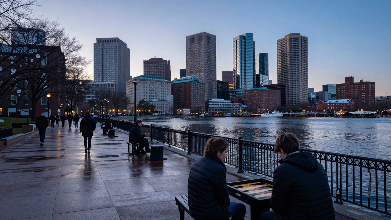 Boston Harbor Dawn Street Scene with Backgammon Game and Coat Hook in in Boston, Massachusetts, United States