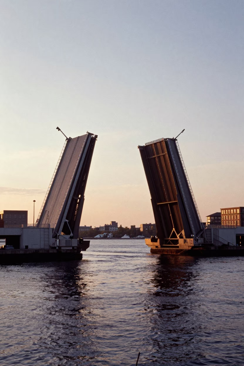 Boston Harbor Drawbridge Lifting at Sunrise with Tidal Channel and Urban Skyline in in Boston, Massachusetts, United States