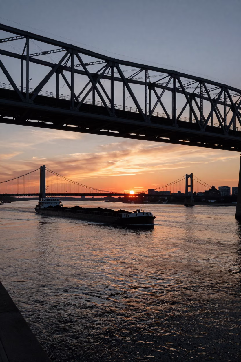 Boston Harbor Dusk Coal Barge Railroad Bridge Sunset Realistic Street Photography in in Boston, Massachusetts, United States