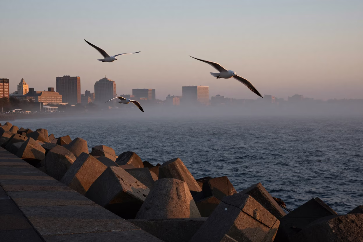 Boston Harbor Early Evening Seagulls Flying Over Breakwater with Urban Skyline in in Boston, Massachusetts, United States