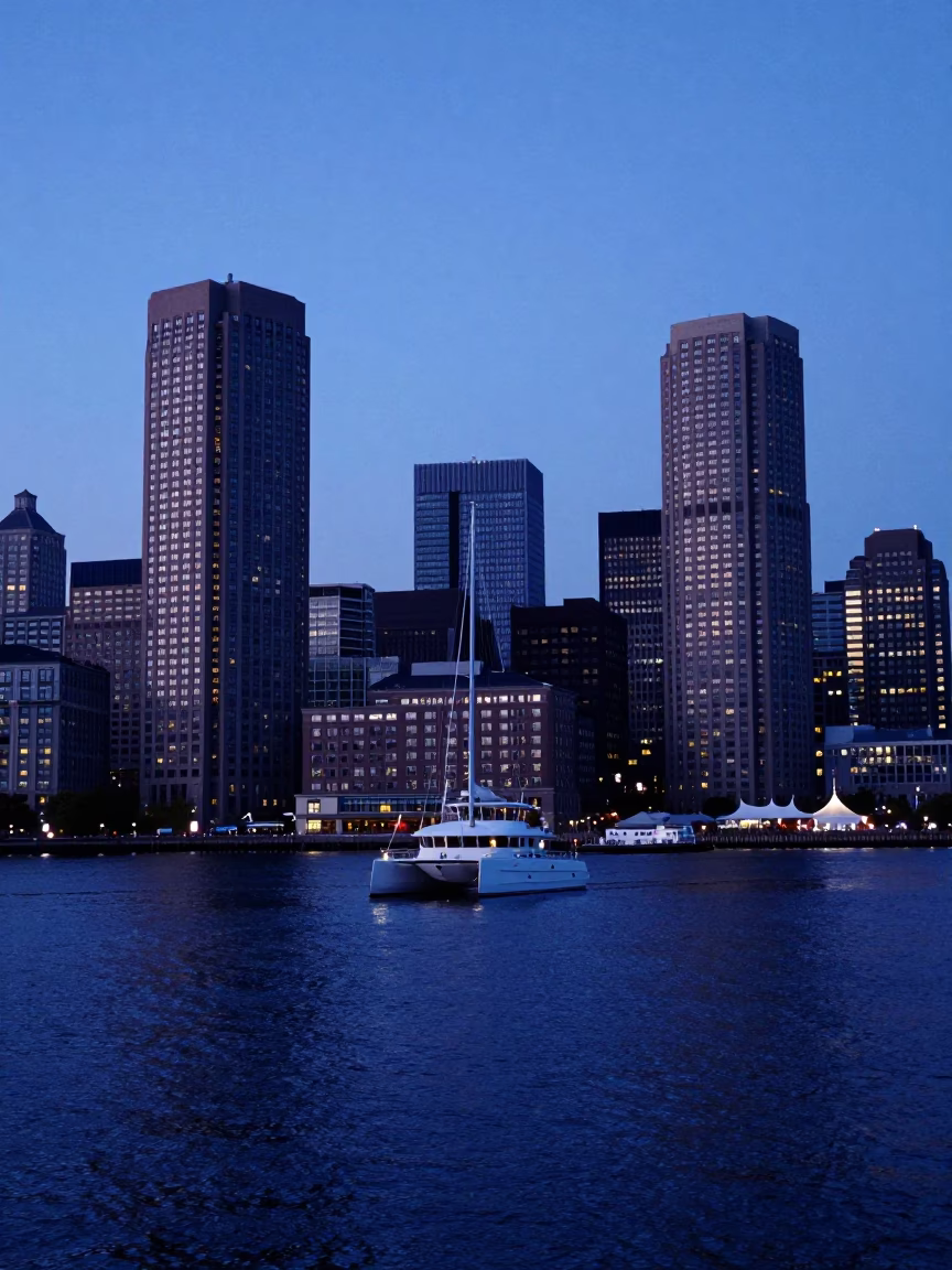 Boston Harbor Evening Blue Hour Catamaran and Urban Skyline Photograph in in Boston, Massachusetts, United States