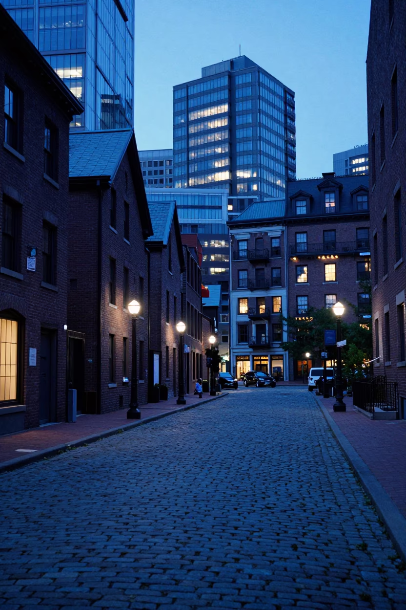 Boston Harbor Evening Blue Light Seaport District Cobblestone Street Scene in in Boston, Massachusetts, United States