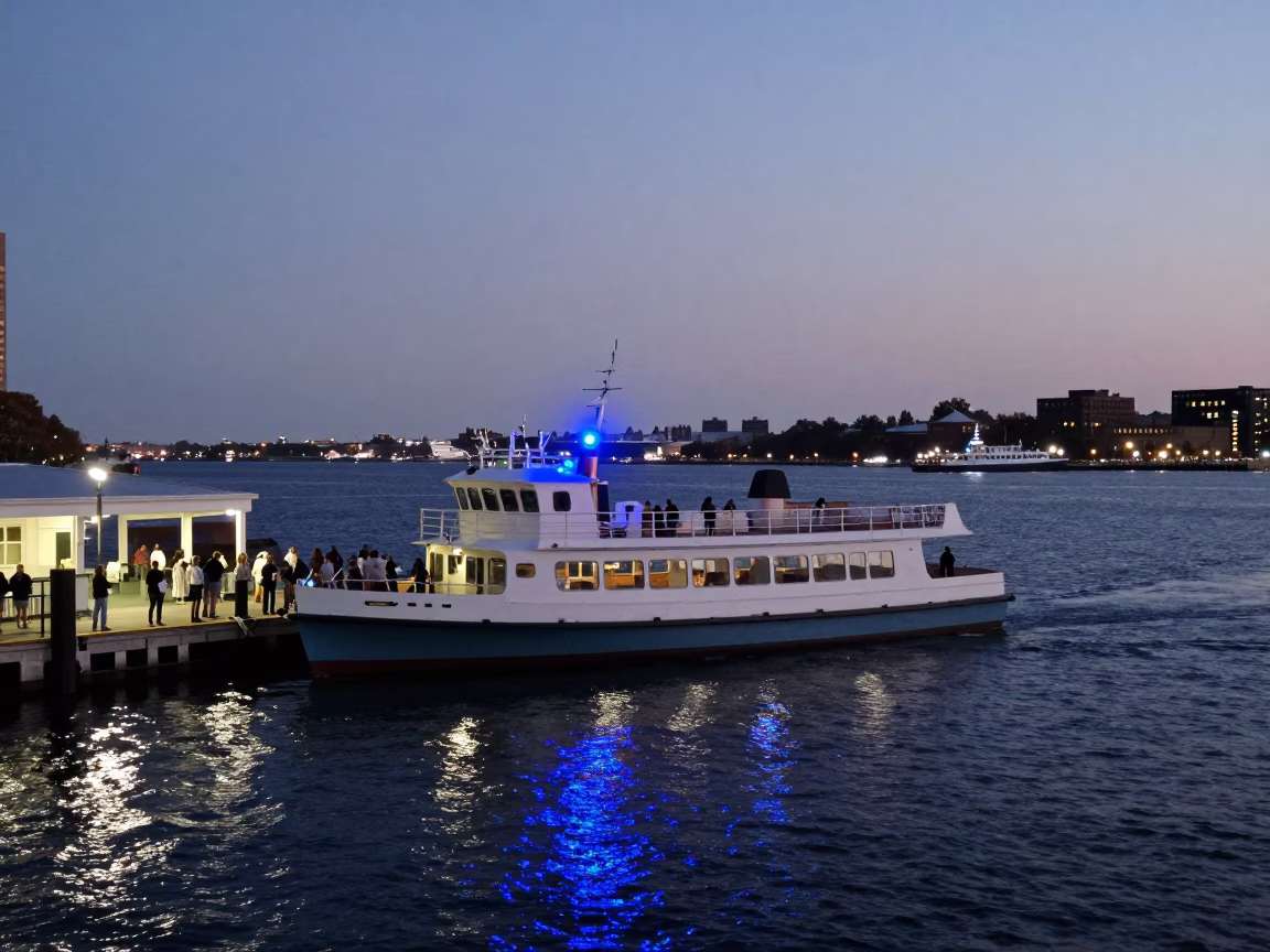 Boston Harbor Evening Blue Light Water Taxi Docked at Floating Pier in in Boston, Massachusetts, United States