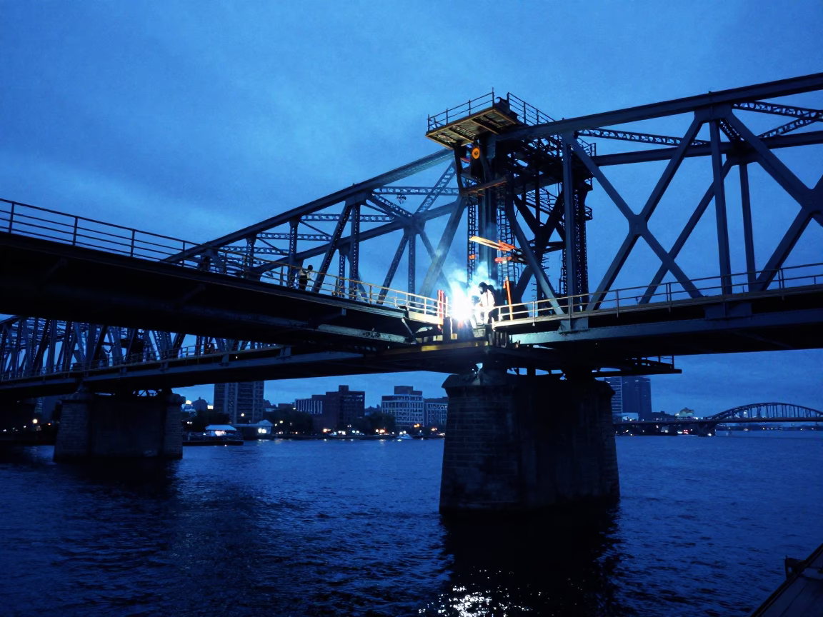 Boston Harbor Evening Bridge Construction Sparks Under Blue Hour Sky in in Boston, Massachusetts, United States