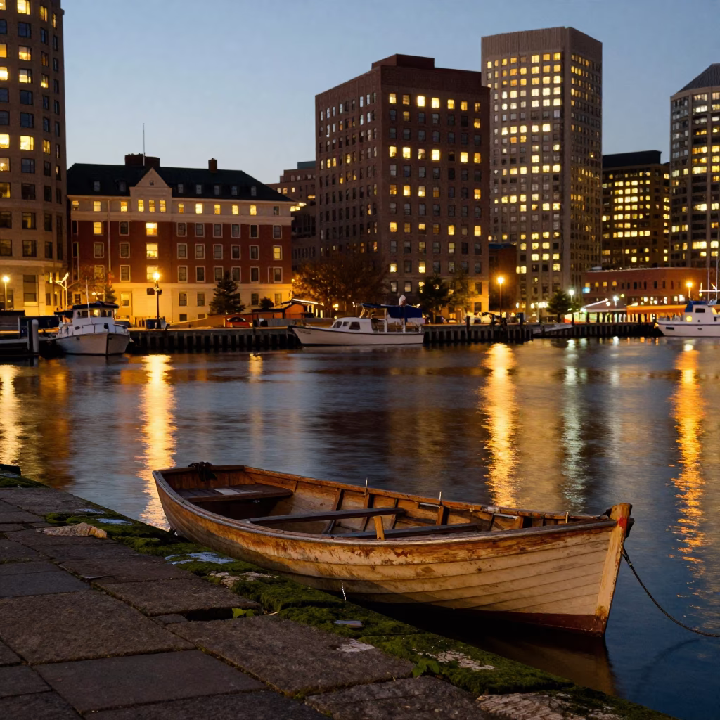 Boston Harbor Evening City Lights Glow Rowboat Moored Near Dock in in Boston, Massachusetts, United States