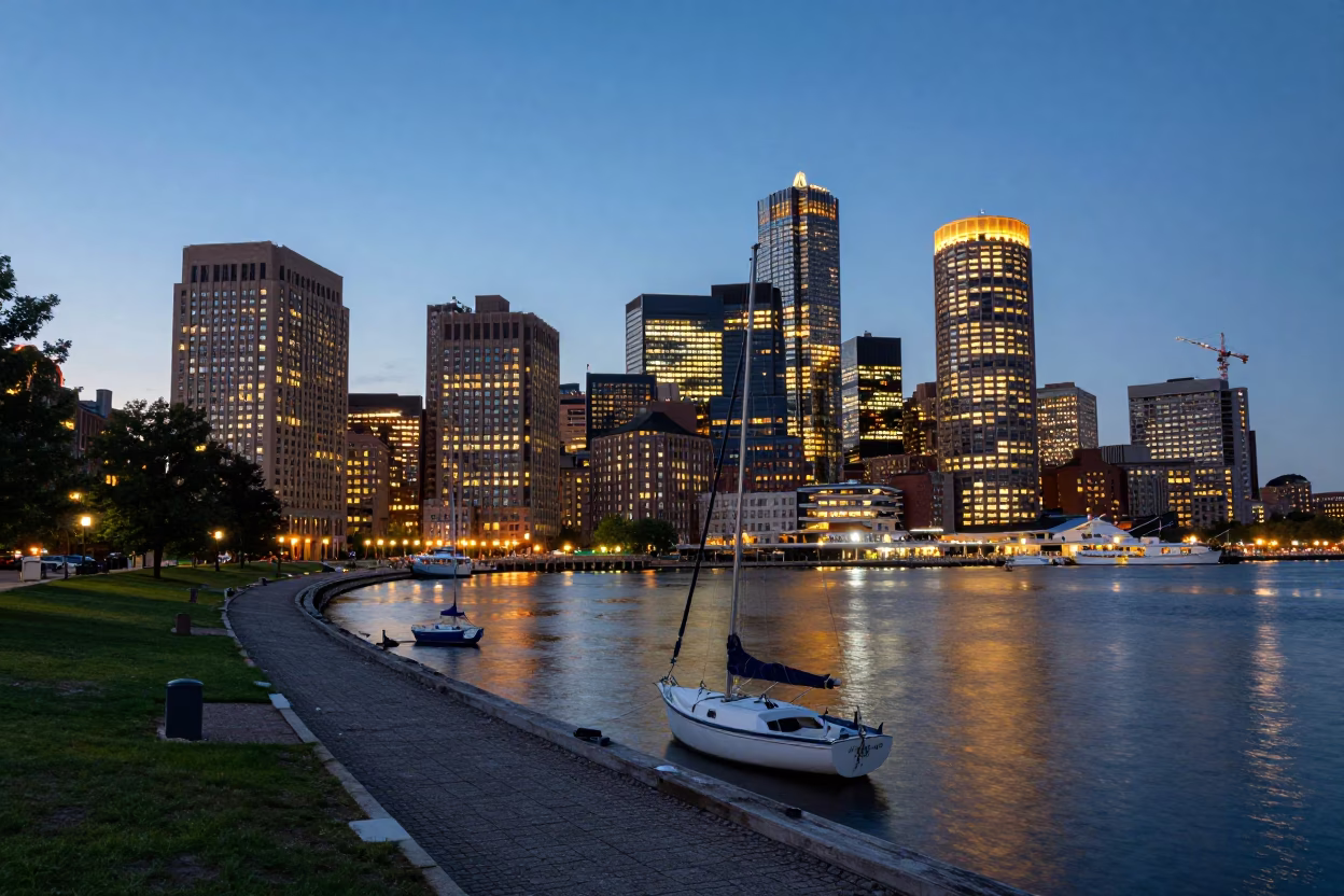 Boston Harbor Evening City Lights Glowing Over Historic Maritime Waterfront District in in Boston, Massachusetts, United States