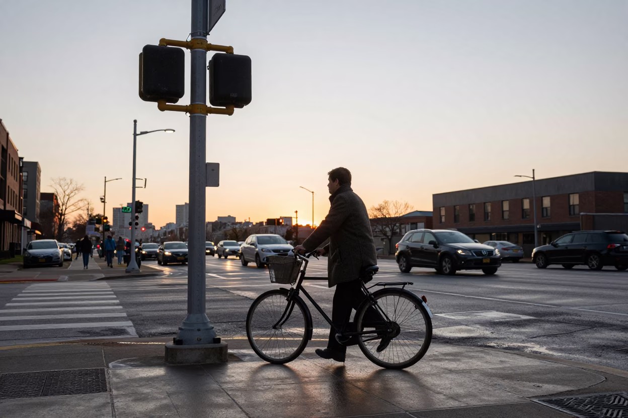 Boston Harbor Evening Commute with Bicycle and Signal Gantry in in Boston, Massachusetts, United States