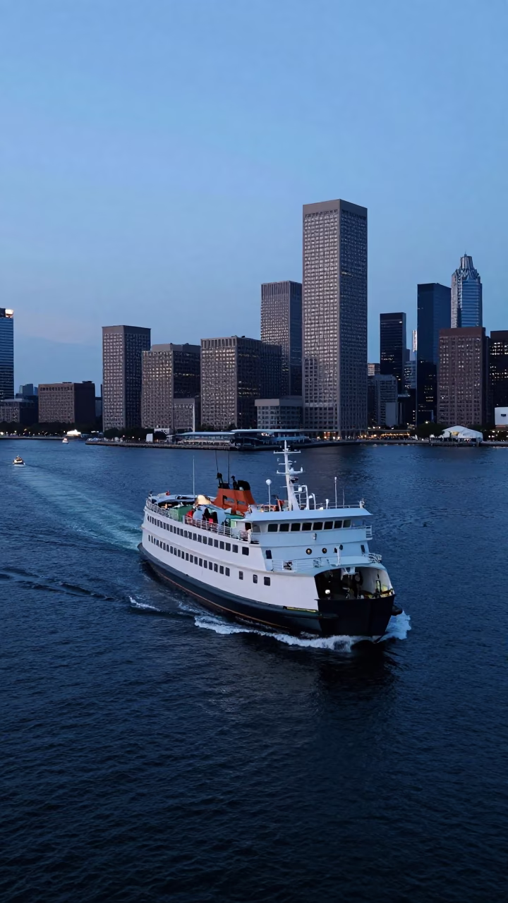 Boston Harbor Evening Ferry Departure with City Skyline and Harbor Lights in in Boston, Massachusetts, United States