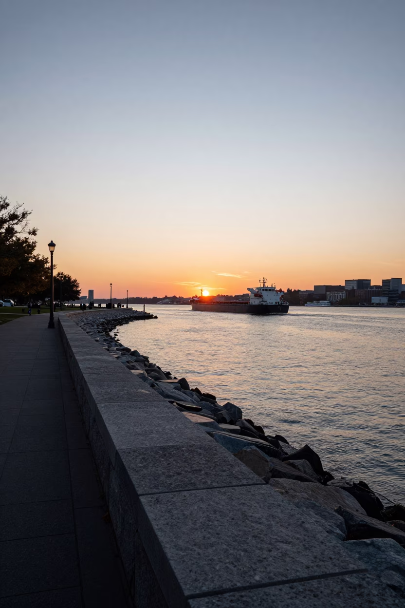 Boston Harbor Evening Light and Waterfront Infrastructure in in Boston, Massachusetts, United States