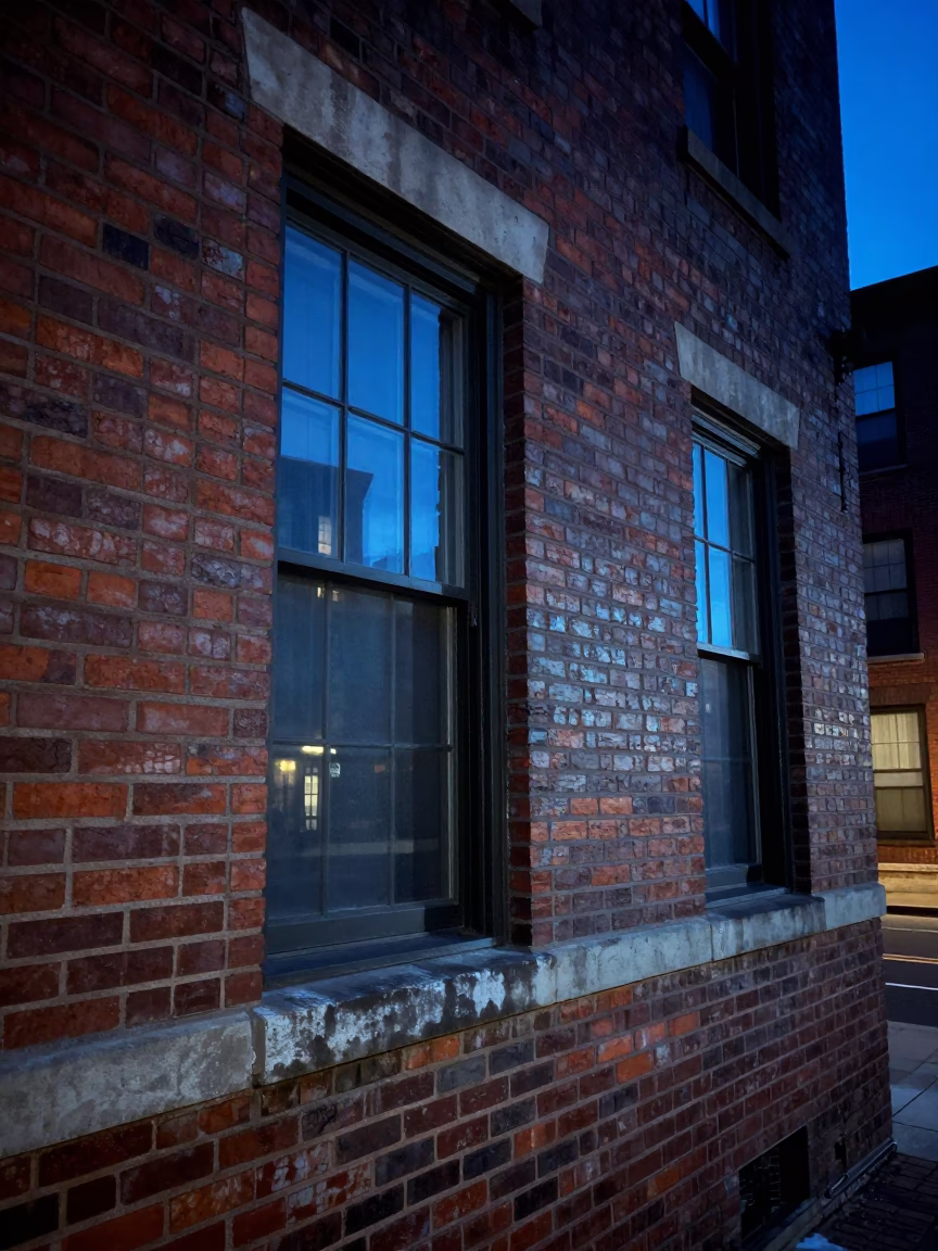 Boston Harbor Evening Light Illuminates Brick Building Exterior and Latch Detail in in Boston, Massachusetts, United States