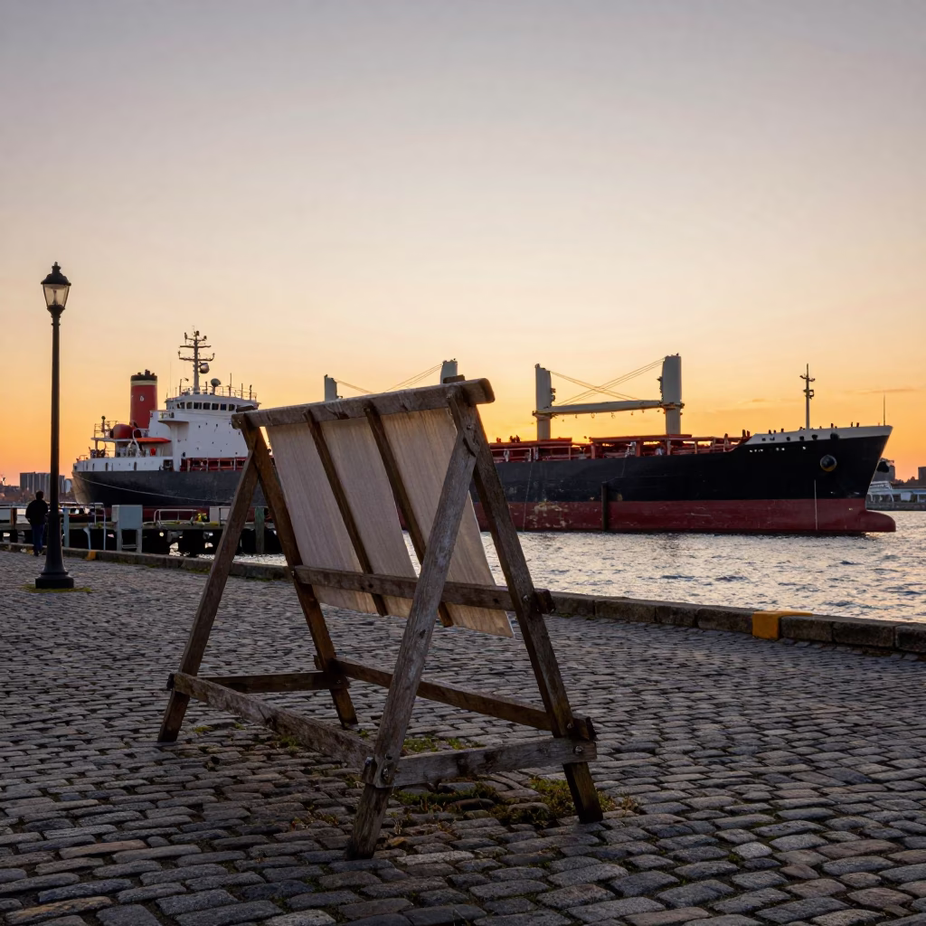 Boston Harbor Evening Light with Cargo Ship and Drying Rack Scene in in Boston, Massachusetts, United States