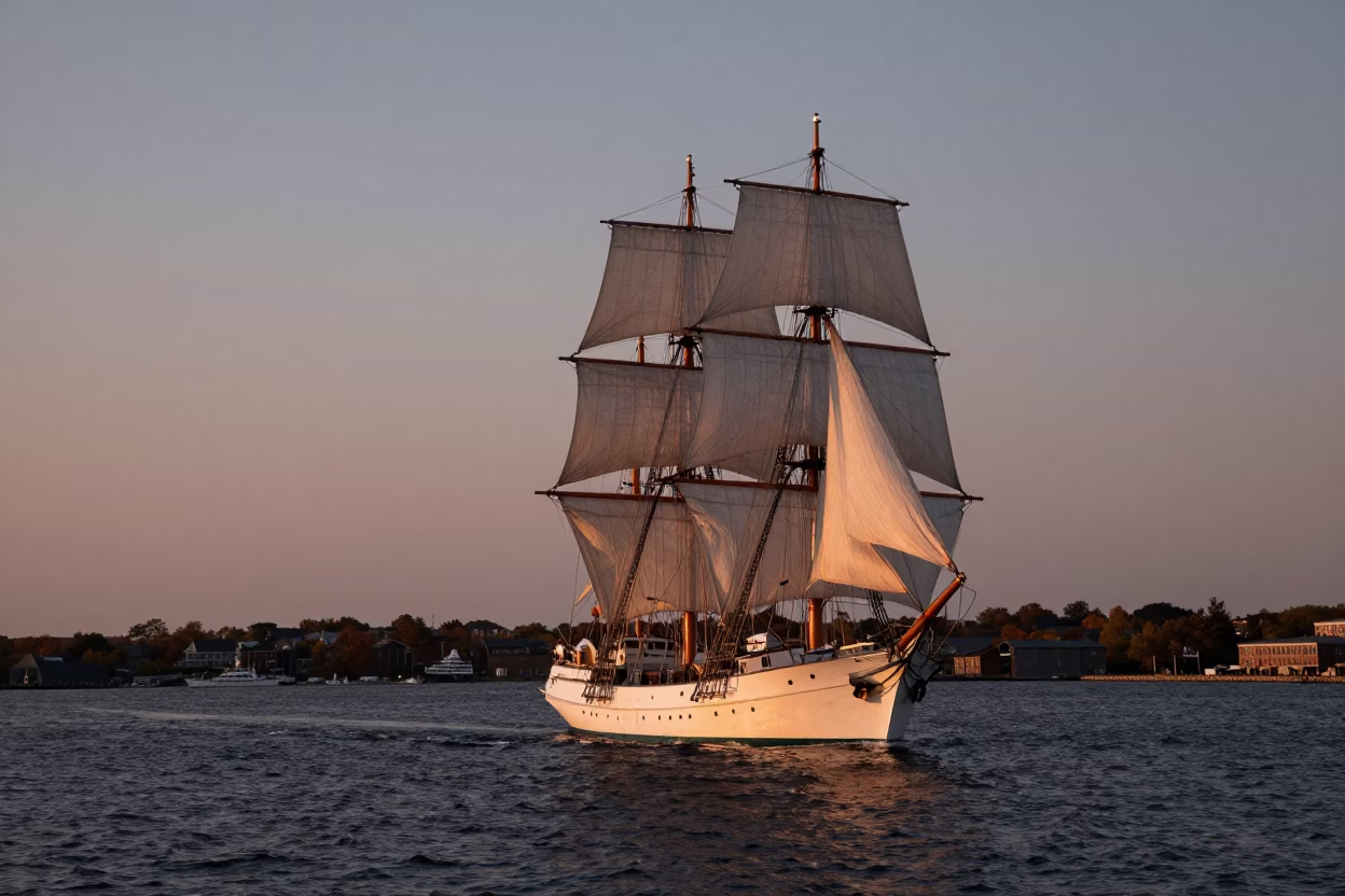 Boston Harbor Evening Light with Tall Ship Canvas and City Skyline in in Boston, Massachusetts, United States