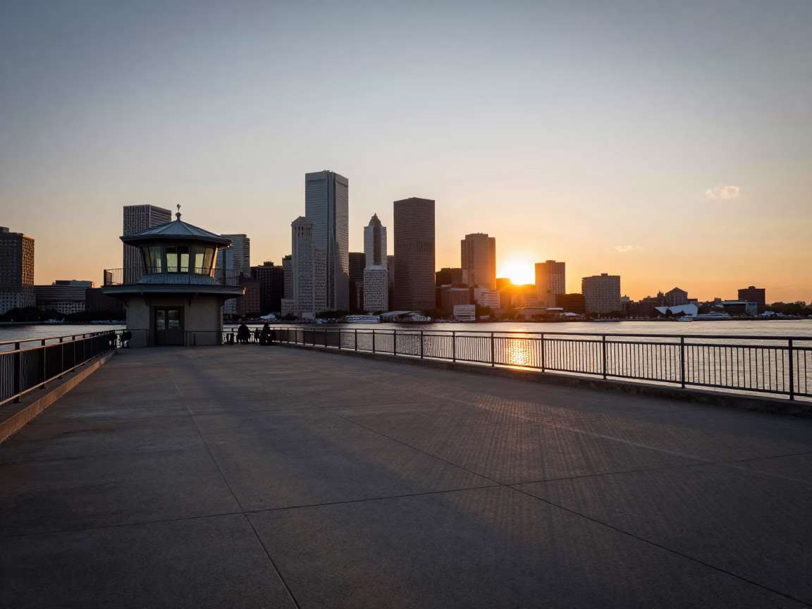 Boston Harbor Evening Scene with Dam Observation Deck and Amber Beacons at Sunset in in Boston, Massachusetts, United States