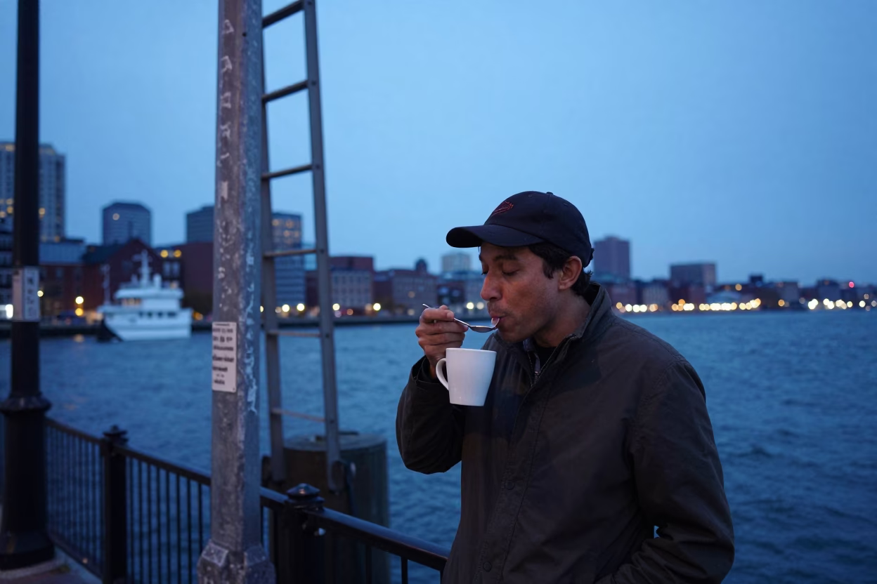 Boston Harbor Evening Street Scene with Coffee Cupper and Rusty Ladder in in Boston, Massachusetts, United States