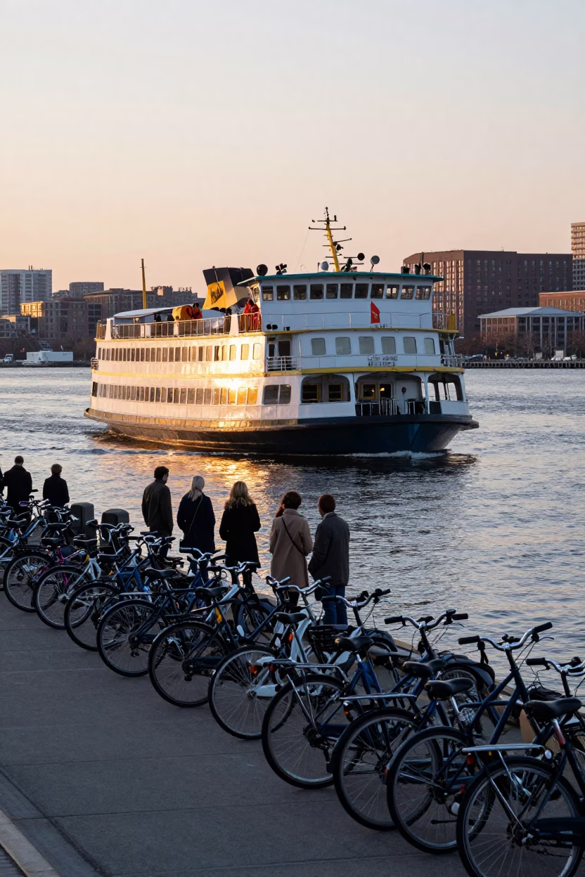 Boston Harbor Ferry Docking at Dawn with Bicycles and Urban Skyline in in Boston, Massachusetts, United States