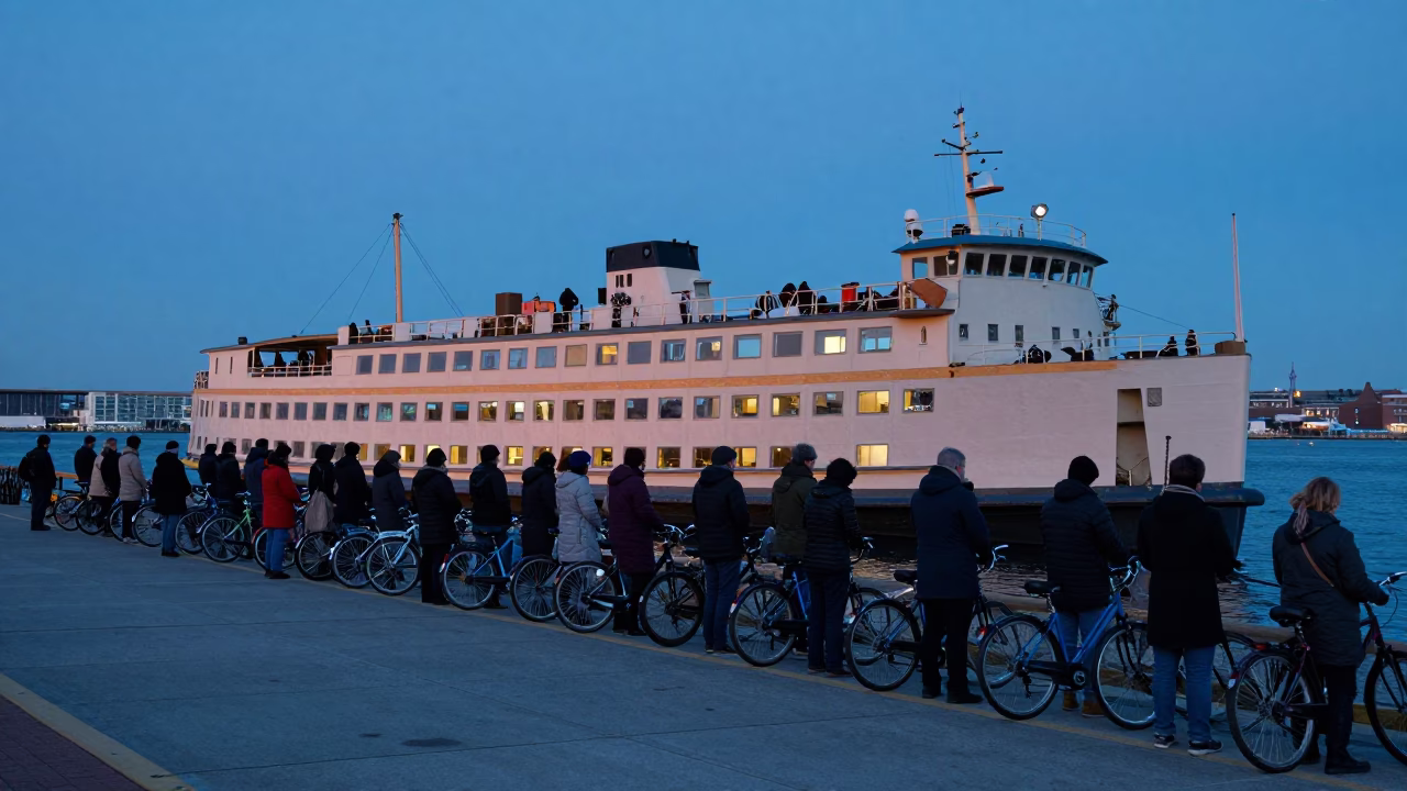 Boston Harbor Ferry Loading Bicycles and Commuters in Pre-Dawn Mist in in Boston, Massachusetts, United States