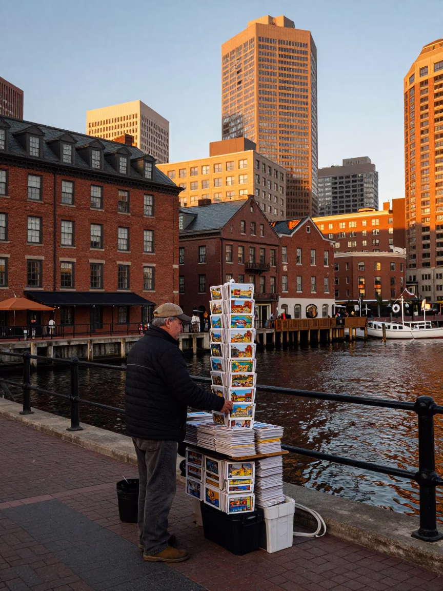 Boston Harbor Golden Hour Postcard Vendor and Historic Brick Architecture in in Boston, Massachusetts, United States