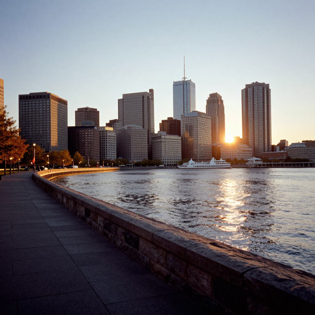 Boston Harbor Golden Hour View of Harborwalk and Waterfront Buildings in in Boston, Massachusetts, United States