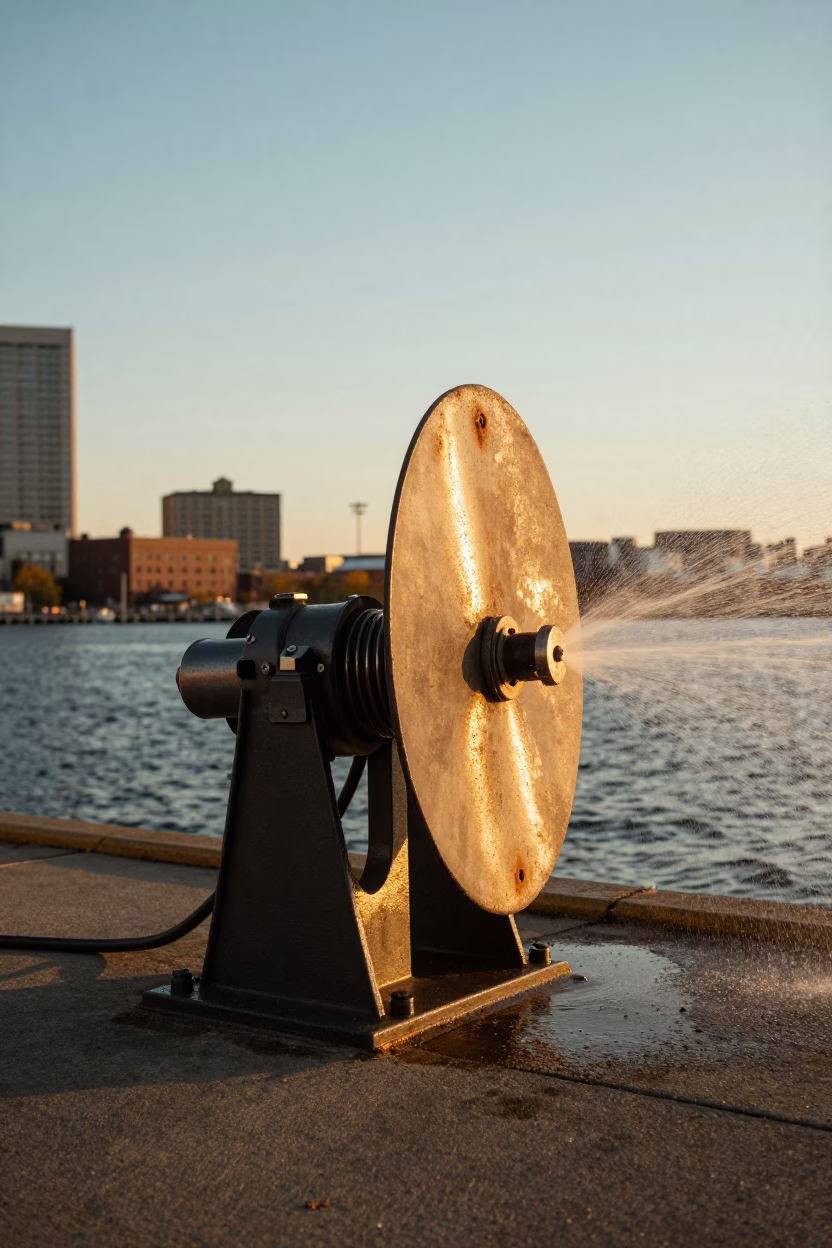Boston Harbor Hydrophone Winch Spraying Golden Light in Late Afternoon Massachusetts in in Boston, Massachusetts, United States