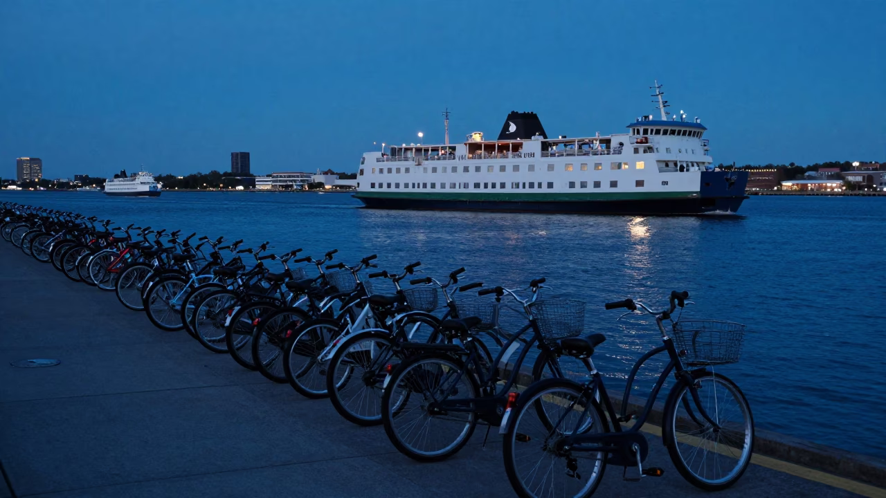 Boston Harbor Indigo Twilight Ferry Docking with Bicycles and Passengers in in Boston, Massachusetts, United States