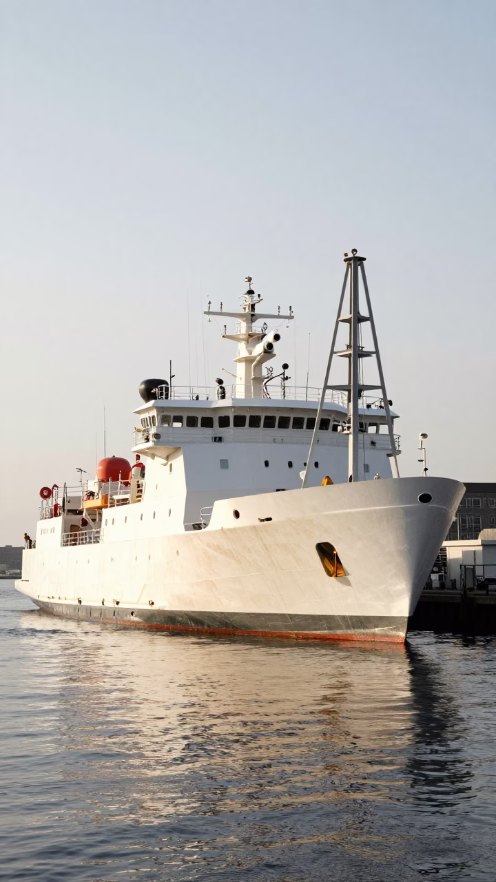 Boston Harbor Late Morning Research Vessel Deploying Equipment Stern A-Frame in in Boston, Massachusetts, United States