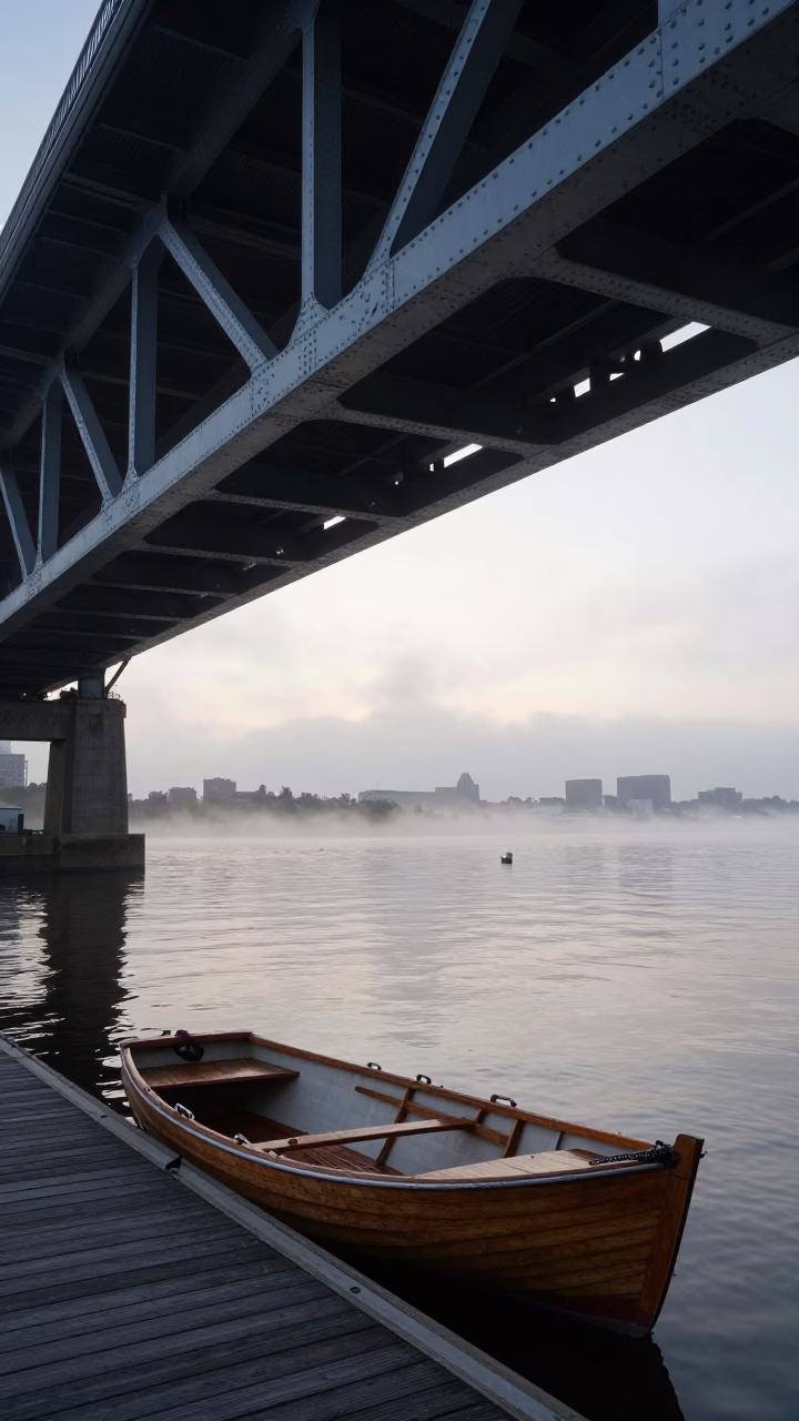 Boston Harbor Nautical Dawn Misty Rowboat Docked Near Charlestown Bridge Steel Girders in in Boston, Massachusetts, United States