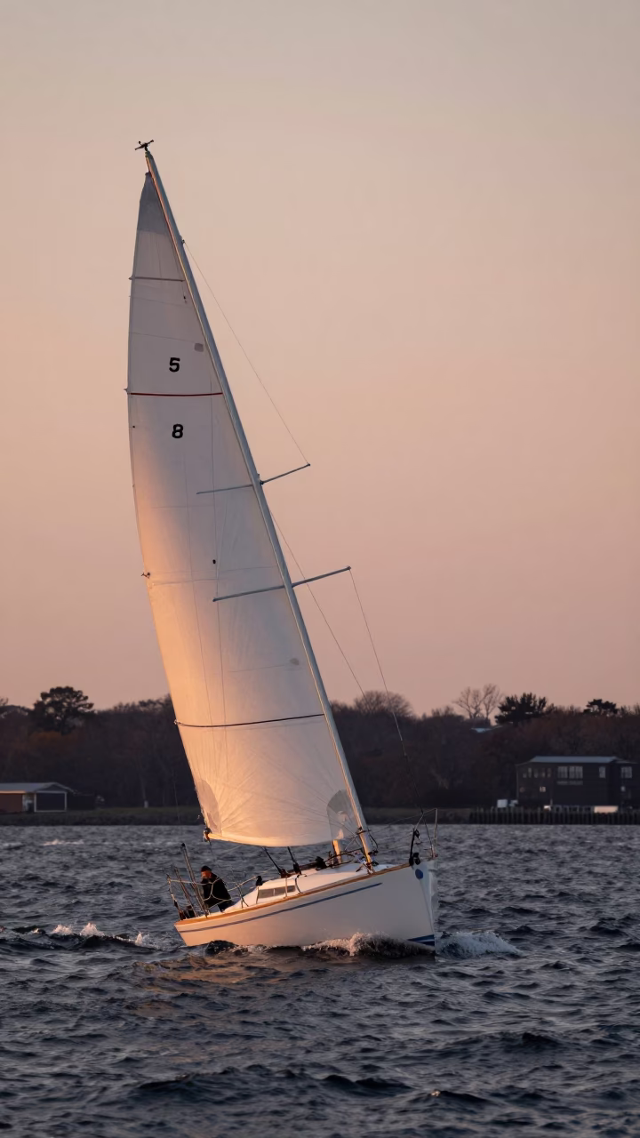 Boston Harbor Nautical Dawn Sailboat Heeling in Strong Wind Massachusetts in in Boston, Massachusetts, United States