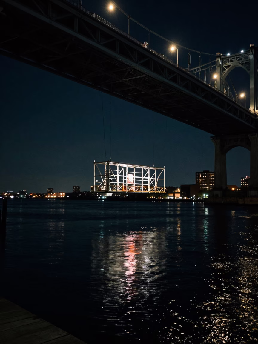 Boston Harbor Night Bridge Maintenance Cage Reflected in Oil Slick Water in in Boston, Massachusetts, United States