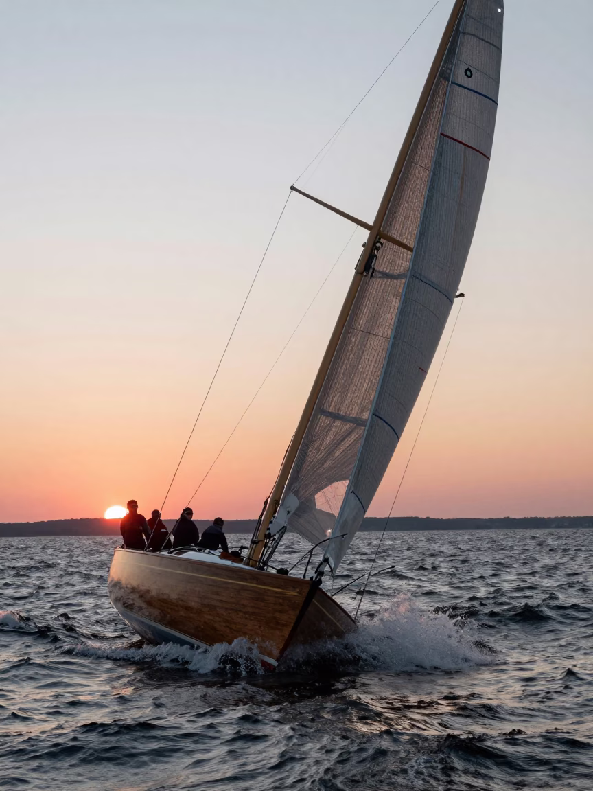 Boston Harbor Sailboat Heeling Hard in Strong Gust at Sunset in in Boston, Massachusetts, United States