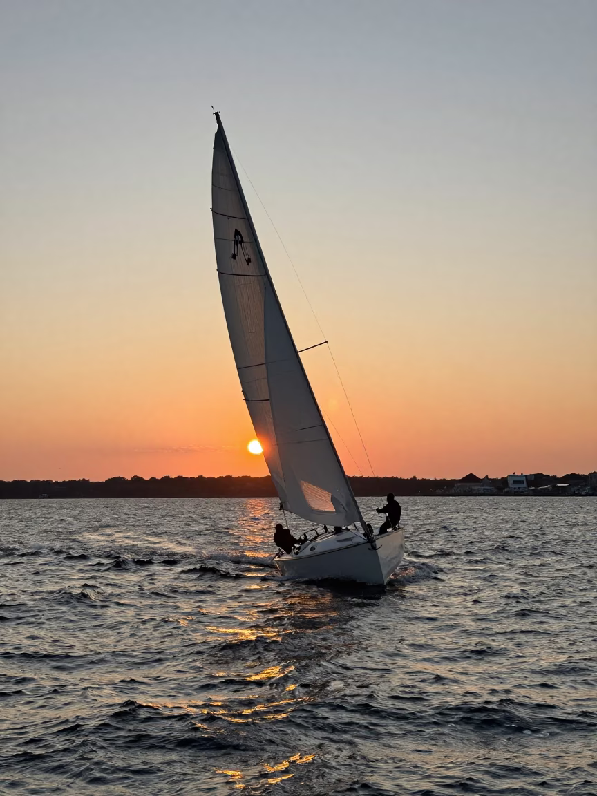 Boston Harbor Sailboat Tacking Into Headwind at Sunset in in Boston, Massachusetts, United States