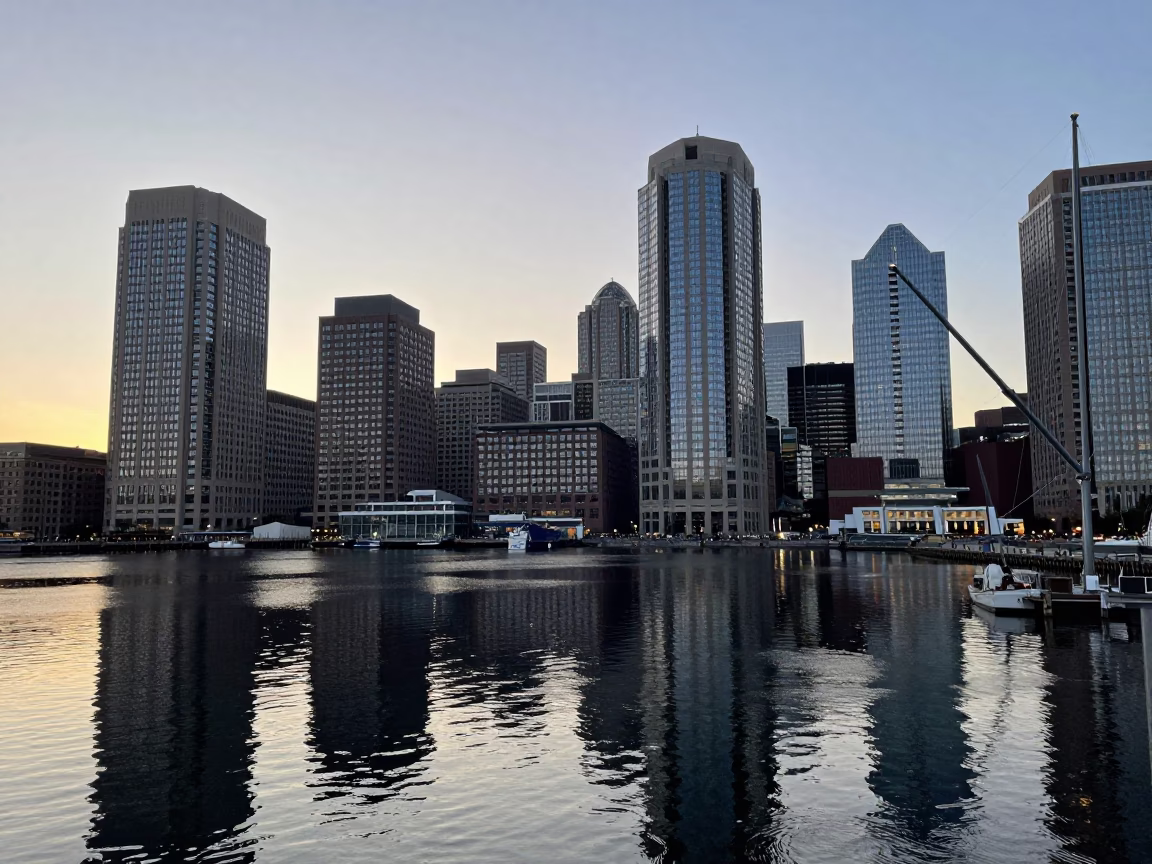 Boston Harbor Seaport District Dawn Light Reflecting on Modern Glass Facades and Steel Structures in in Boston, Massachusetts, United States