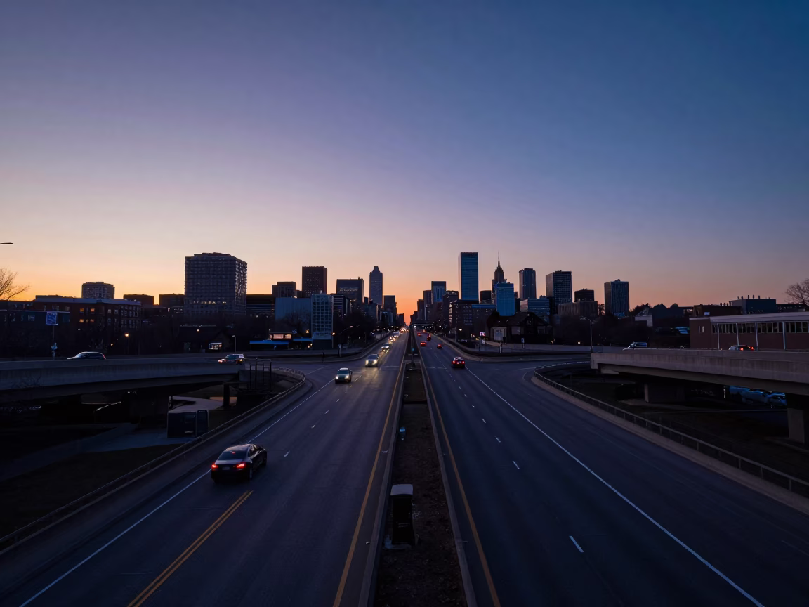 Boston Harbor Sunrise Overpass Interchange Lane Split Taillight Streaks Before Daylight in in Boston, Massachusetts, United States