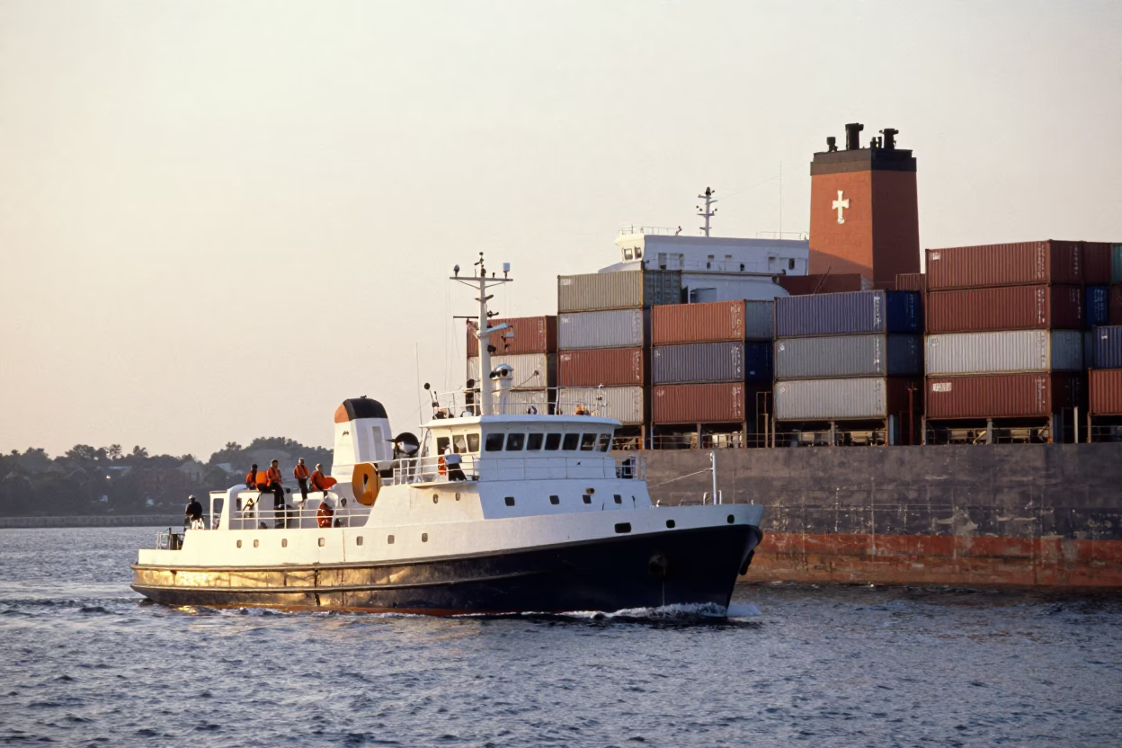 Boston Harbor Sunrise Pilot Boat Navigating Container Ship Near Downtown in in Boston, Massachusetts, United States