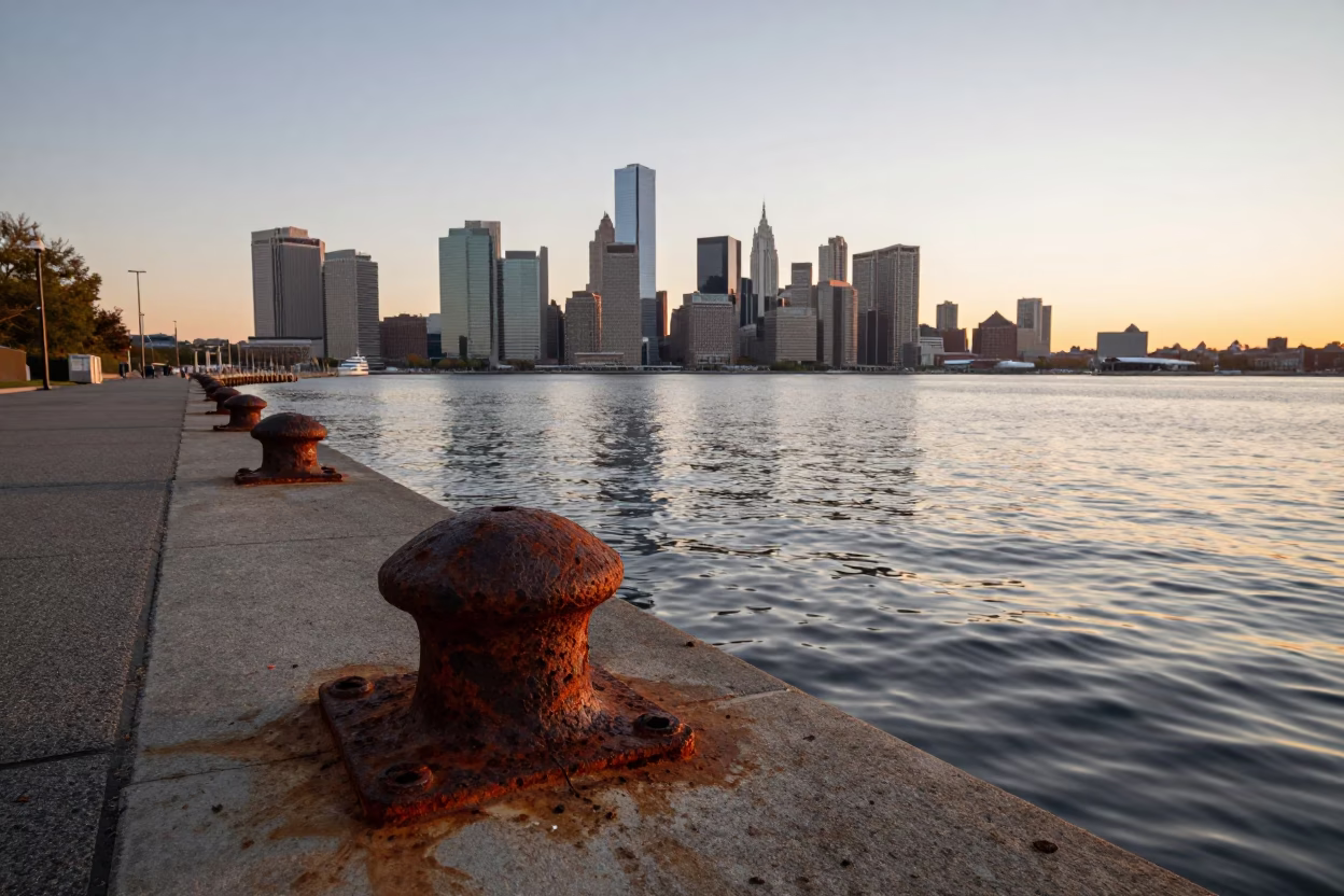 Boston Harbor Sunrise View with Rusty Dock Hardware and Newspaper Stack in in Boston, Massachusetts, United States
