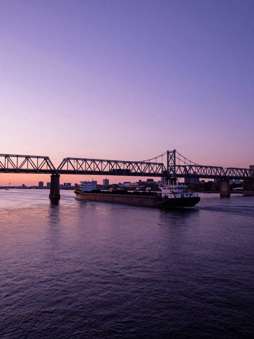 Boston Harbor Sunset Coal Barge Under Railroad Bridge at Dusk in in Boston, Massachusetts, United States