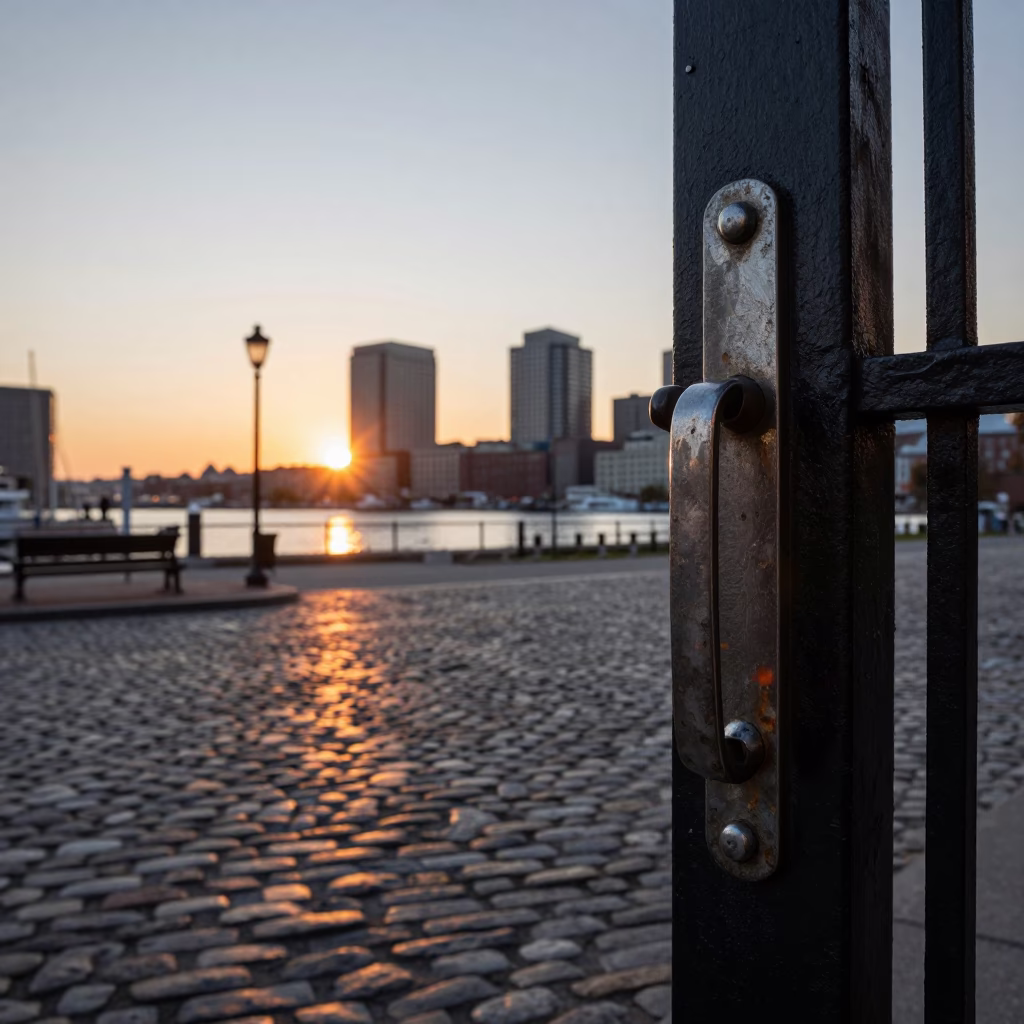 Boston Harbor Sunset Evening with Steel Gate Handle and Urban Street Scene in in Boston, Massachusetts, United States