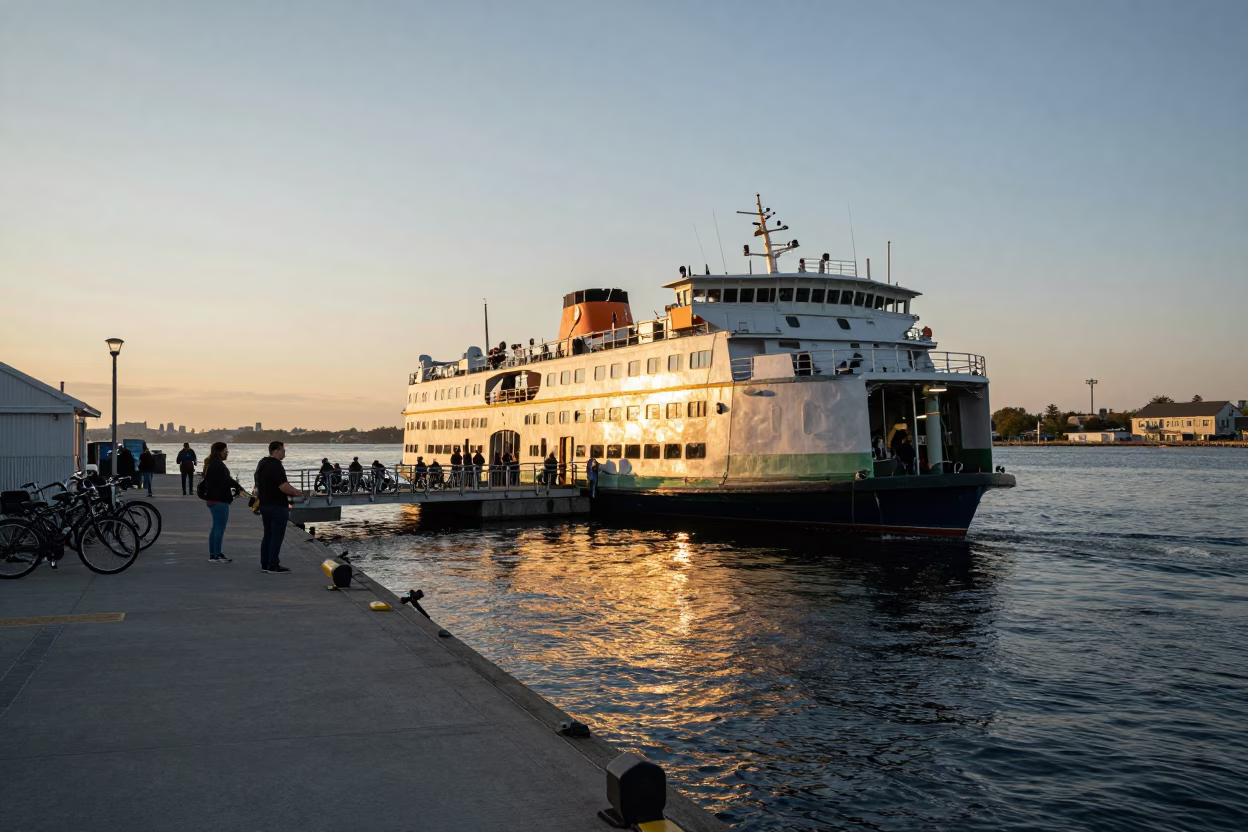 Boston Harbor Sunset Ferry Docking with Passengers and Bicycles at Dusk in in Boston, Massachusetts, United States