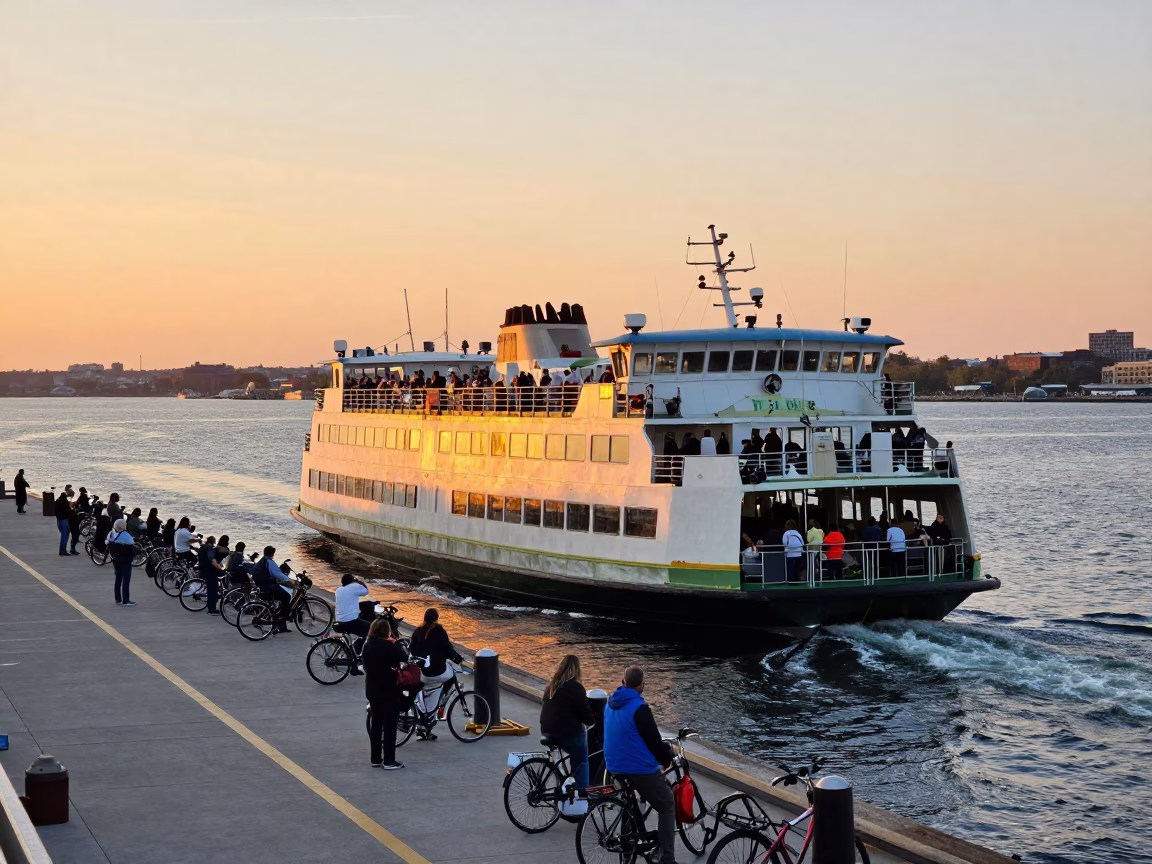 Boston Harbor Sunset Ferry Loading Passengers and Bicycles at Dock in in Boston, Massachusetts, United States