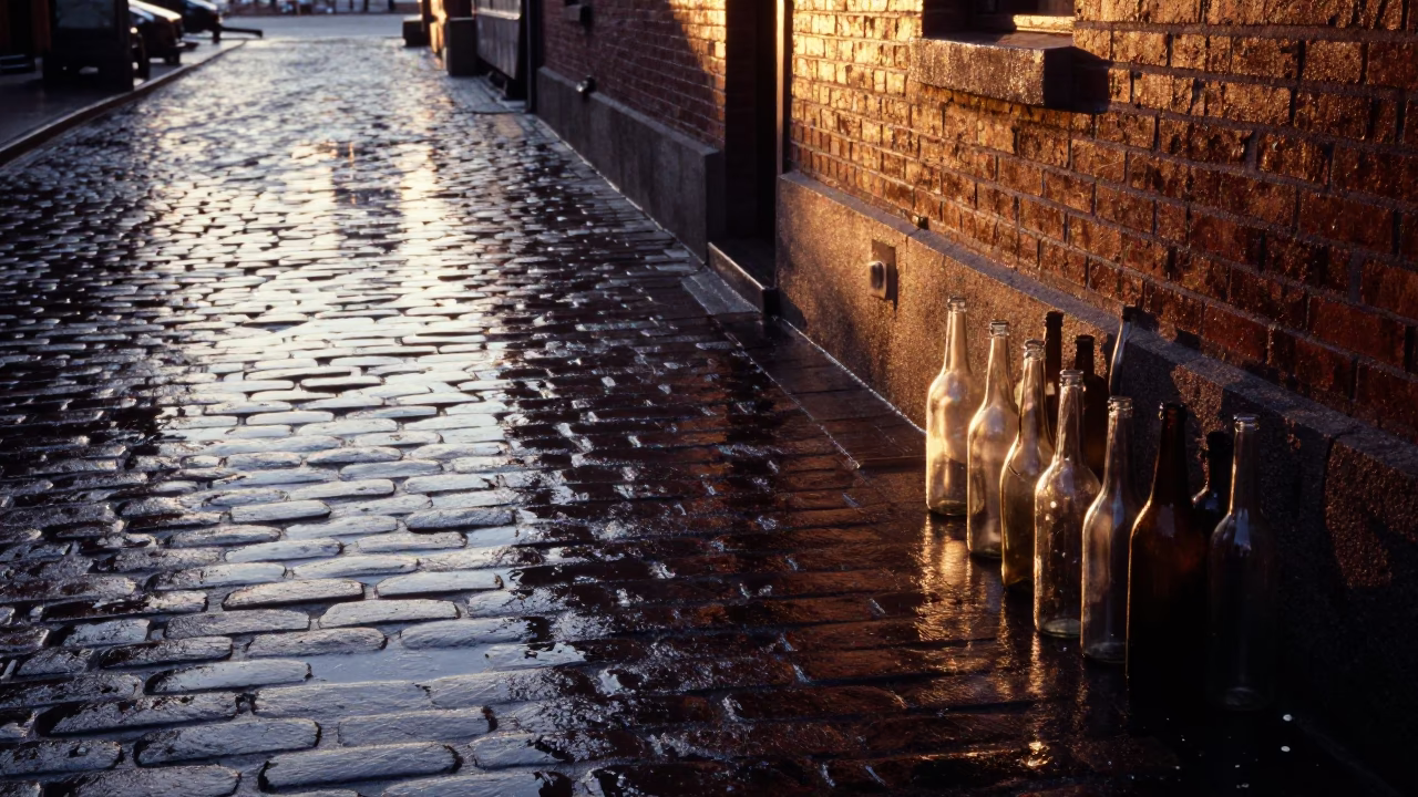 Boston Harbor Sunset Glass Bottles Reflection on Wet Cobblestone Street in in Boston, Massachusetts, United States