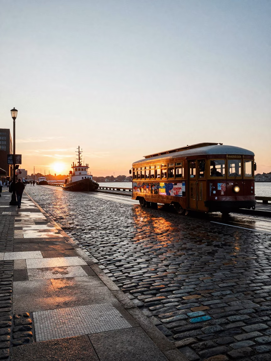 Boston Harbor Sunset Mosaic Tiles Tugboats and Tramcar Reflections in in Boston, Massachusetts, United States