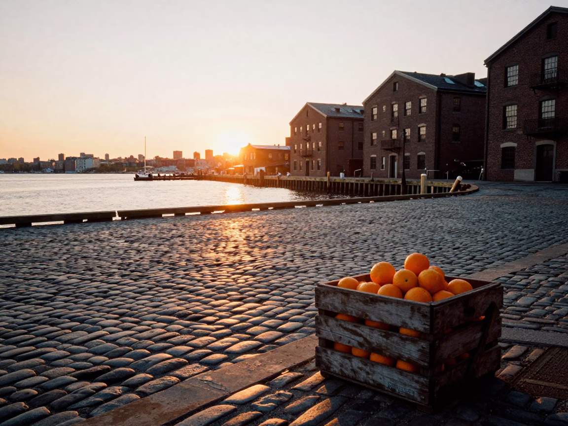 Boston Harbor Sunset Over Cobblestone Wharf with Oranges and Clear Glass Bottle in in Boston, Massachusetts, United States
