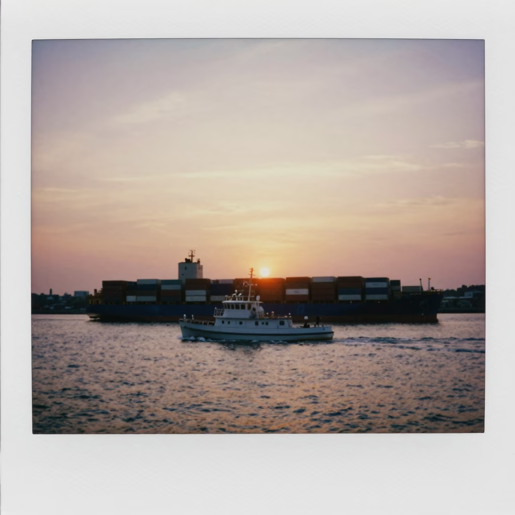 Boston Harbor Sunset Pilot Boat Navigating Container Ship at Dusk in in Boston, Massachusetts, United States