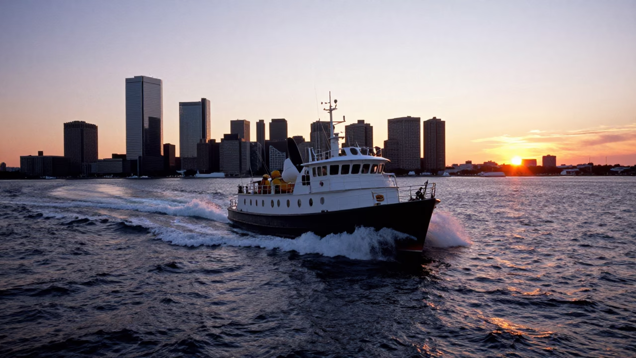 Boston Harbor Sunset Pilot Boat Navigating Heavy Swells Near Boston Common in in Boston, Massachusetts, United States