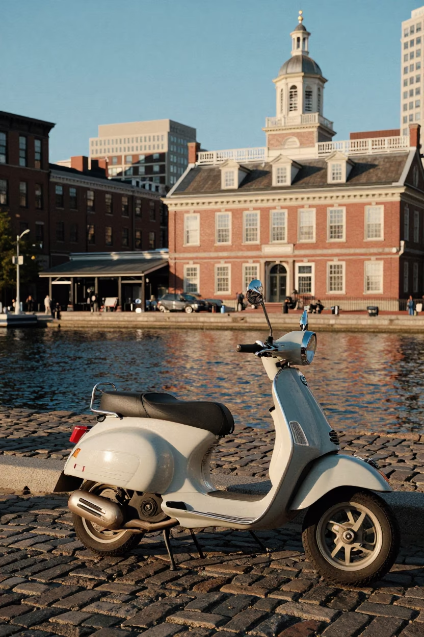 Boston Harbor Sunset Scooter Parking Near Faneuil Hall Quincy Market in in Boston, Massachusetts, United States