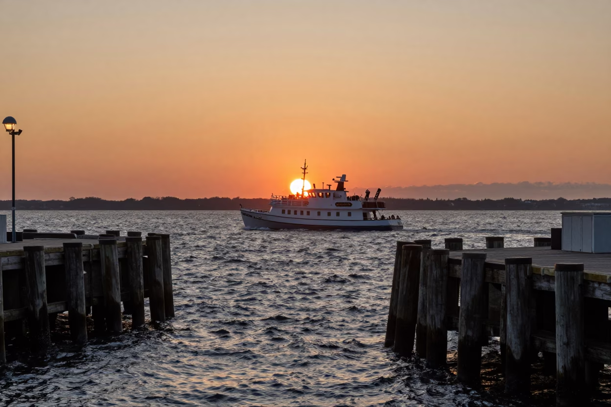 Boston Harbor Sunset Silhouette of Mail Boat Arriving at Island Dock in in Boston, Massachusetts, United States